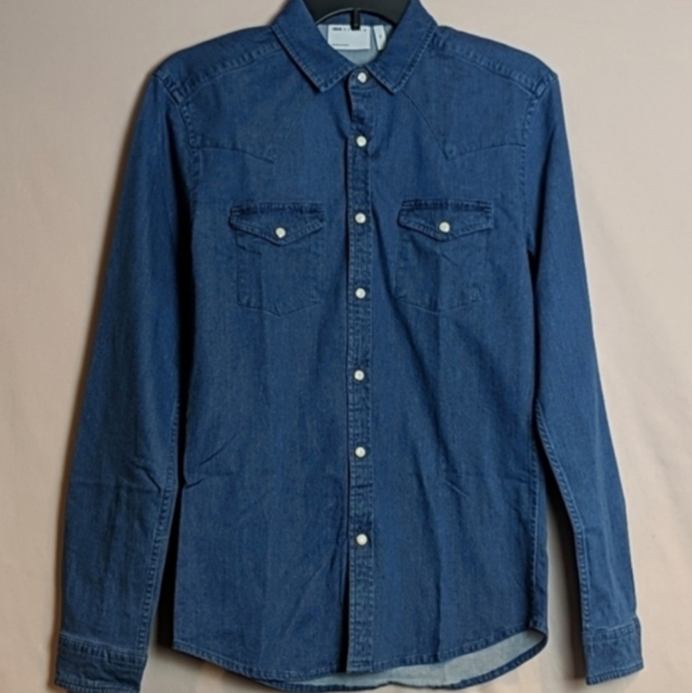 ASOS Skinny Fit Blue Western Denim Snap Front Long Sleeve Shirt size XS